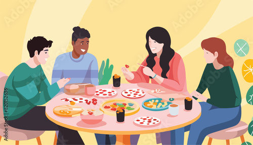 Friends eating pizza in cafe vector illustration. Cartoon people sitting at table and eating delicious food. Group of friends sitting at table and eating pizza