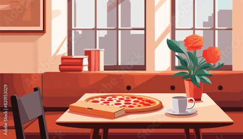 Pizza and coffee in cafe interior. Flat style vector illustration.