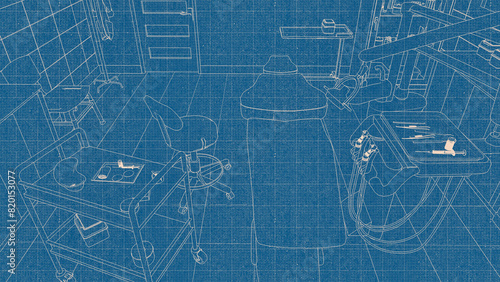 Blueprint sConcept outline sketch blueprint drawing of clinic office interior with empty dentist workplace - dental unit, chair and tools, dentistry surgery with modern equipment. Blue and white 3D il photo