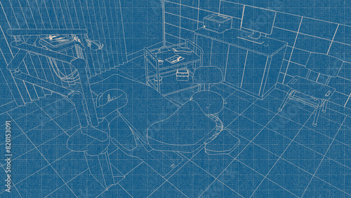 Concept line art blueprint sketch of medical clinic interior with empty dentist workplace - dental unit, chair and tools, dentistry surgery room with modern equipment. Blue and white 3D illustration.