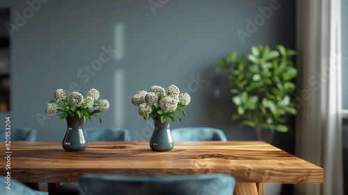 Comedor con mesa de madera y sillas azules, ambiente acogedor y elegante