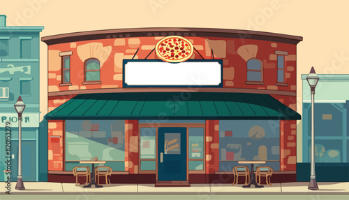 Illustration of a pizzeria on the street. Vector illustration.