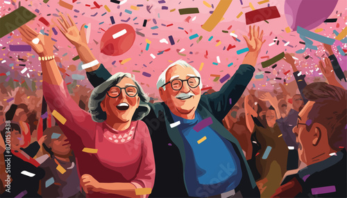 Happy old people dancing at a music festival. Vector illustration in cartoon style.