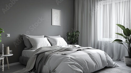Dormitorio con cama morada y paredes grises, decoración minimalista y elegante