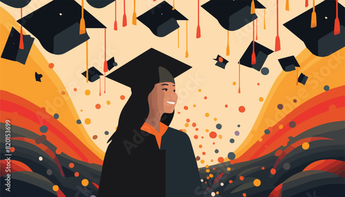 Graduate girl in cap and gown. Vector illustration in flat style