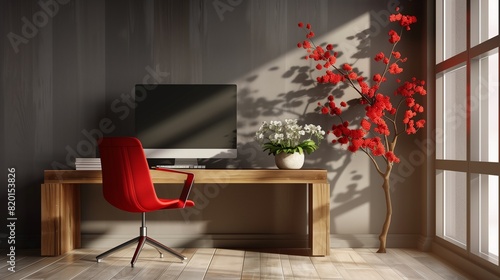 Oficina en casa con escritorio de madera y silla roja, espacio de trabajo minimalista y elegante