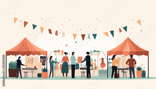 People at outdoor food market. Flat vector illustration of people in outdoor food market.