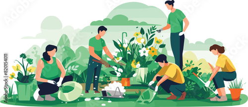 People planting flowers in the garden. Flat vector illustration. Family planting flowers in the garden.