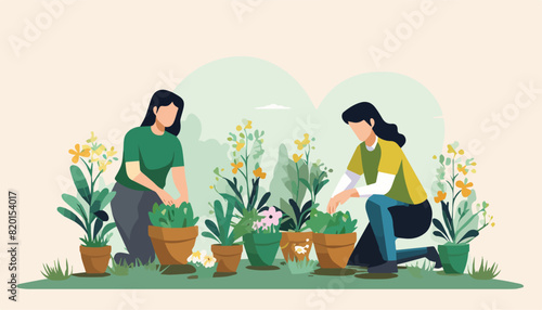 Flat design vector illustration of two women working in the garden.