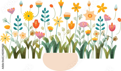 Vector illustration of a flowerbed with colorful flowers and plants in flat style.