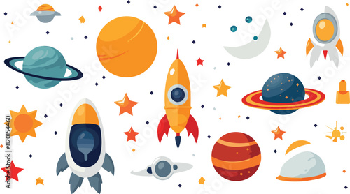 Cartoon space background with planets, stars and rockets. Vector illustration