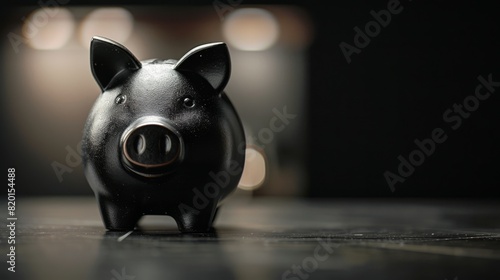 A black piggy bank sits on a table contrasting against a dark backdrop leaving ample space for an image