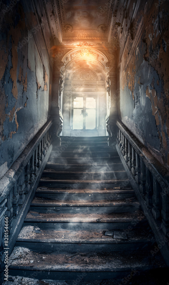 Fototapeta premium Abandoned staircase in old building with sunlight. Interior decay photography. Design for poster, wallpaper, banner