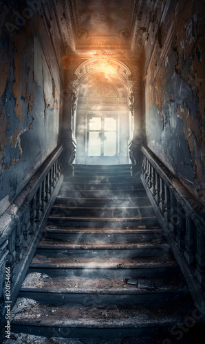 Abandoned staircase in old building with sunlight. Interior decay photography. Design for poster  wallpaper  banner