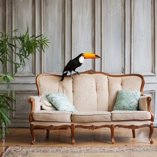 toucan sur un canapé dans un beau salon en ia photo