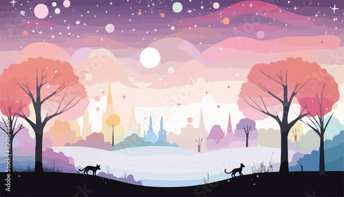 Vector illustration of winter landscape with forest and animals silhouettes in flat style.