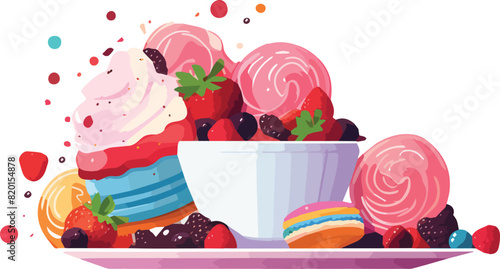 Colorful vector illustration of a bowl of ice cream with strawberries, chocolate and macaroons