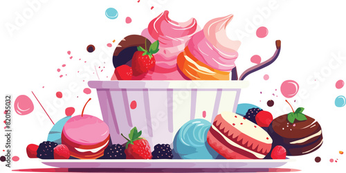 Vector illustration of ice cream with strawberries, chocolate and macaroons