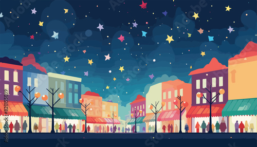 Night city street with shops and stores. Vector illustration in flat style