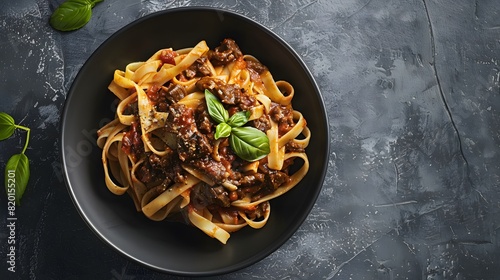 Overhead shot of black bowl filled with hearty fettuccine pasta, topped with savory beef ragu and fresh herbs on dark textured background