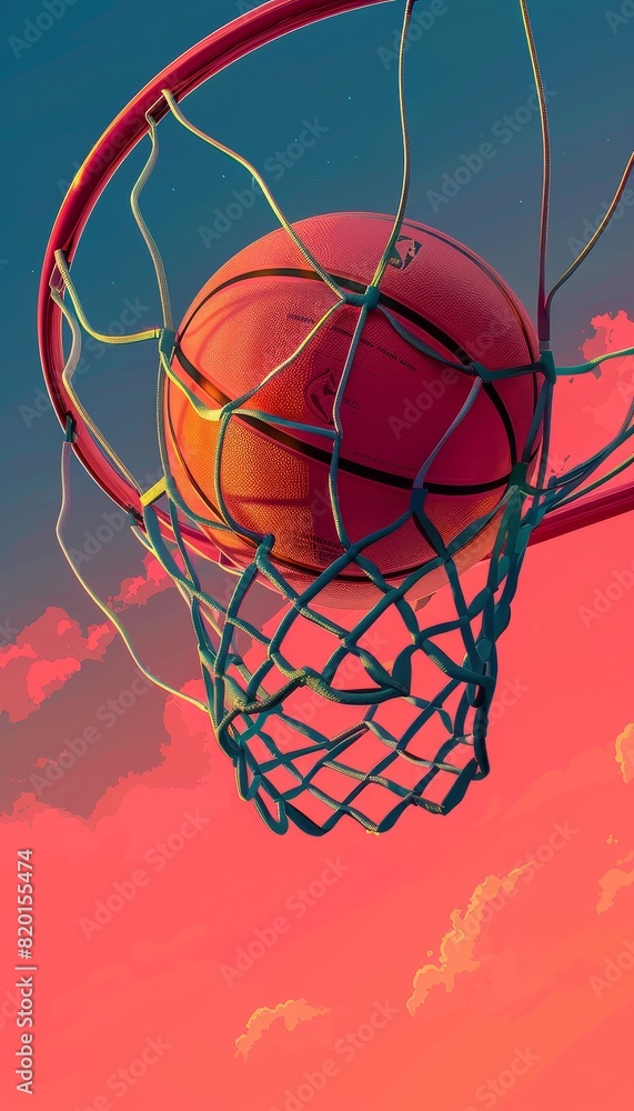 3D illustration of a basketball in a net, stark orange background, emphasizing detail and the height of action 3D illustration of a basketball in a net, stark orange background, emphasizing detail and the height of action