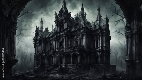 Highly detailed, conceptual art, an image that emphasizes the dark, horrific, dramatic beauty of gothic architectural art, around the ancient cathedrals, haunted mansions, abandoned villas, focusing o © ch3r3d4r4f43l