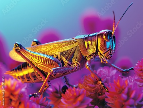 Visual war photography narrative with a grasshopper on a branch, flowers in background, colored in light purple and amber