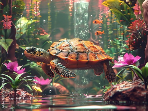 Wideeyed Amazon river turtle swimming, cinematic underwater view with detailed Amazon rainforest vegetation and waterfall photo