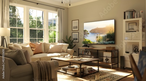 Wallpaper Mural Bright and Airy Living Room with Natural Light Comfortable Sofa and Scenic View on TV Torontodigital.ca