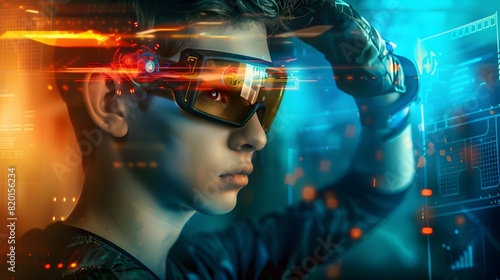 A young gamer immersed in virtual reality, wearing futuristic augmented reality glasses, surrounded by a digital interface.