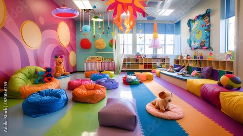 Colorful Children's Playroom with Bean Bags, Stuffed Animals, and Vibrant Wall Decorations