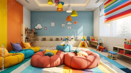 Vibrant Children's Play Area with Plush Seating, Educational Toys, and Decorative Wall Murals