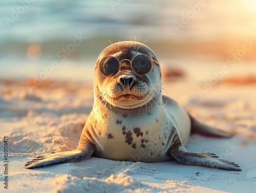 Adorable Seal or Sea Lion Lounges on the Sunny Beach photo