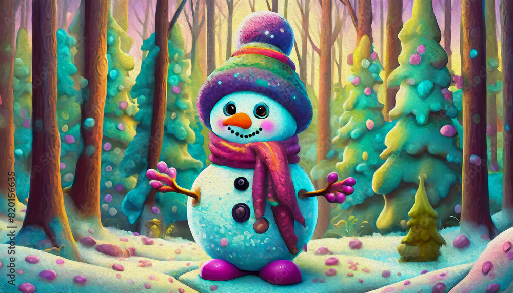 oil painting style Cartoon character a snowman in a snowy forest, oil painting style Cartoon character a snowman in a snowy forest,