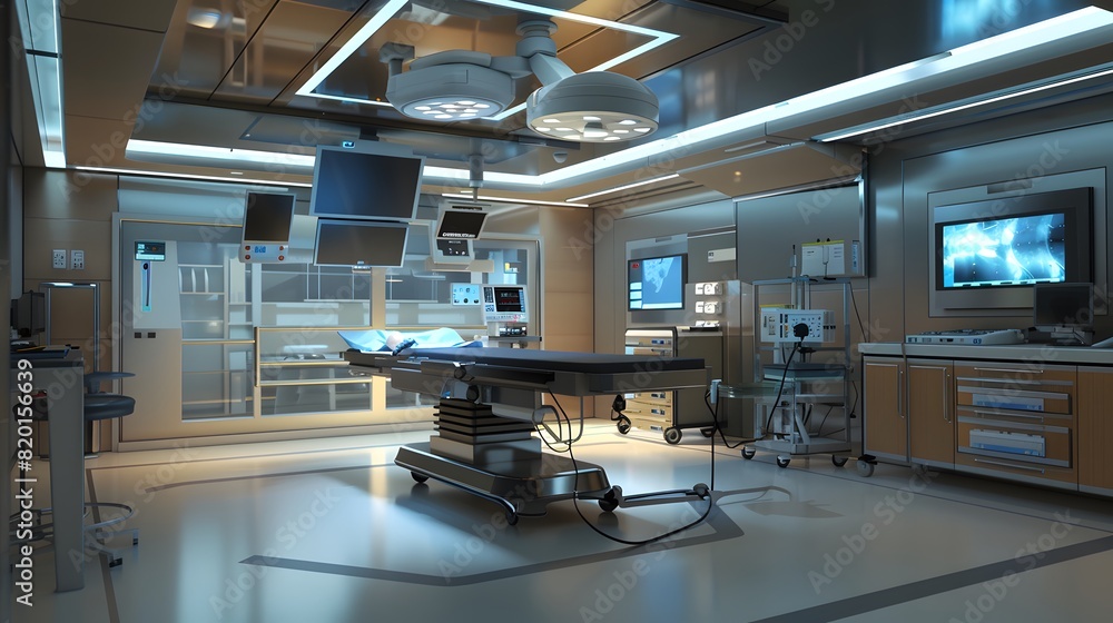 State-of-the-Art Operating Room with Advanced Surgical Equipment, High-Resolution Monitors, and Sterile Steel Surfaces State-of-the-Art Operating Room with Advanced Surgical Equipment, High-Resolution Monitors, and Sterile Steel Surfaces