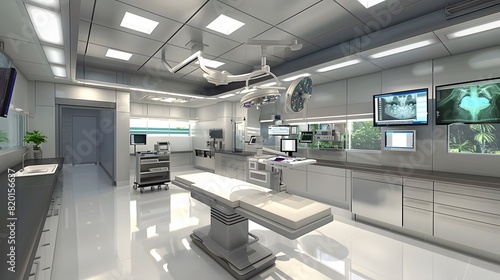 Modern Operating Room with Advanced Surgical Equipment, Bright Lights, Multiple Monitors, and Clean Sterile Environment © HY