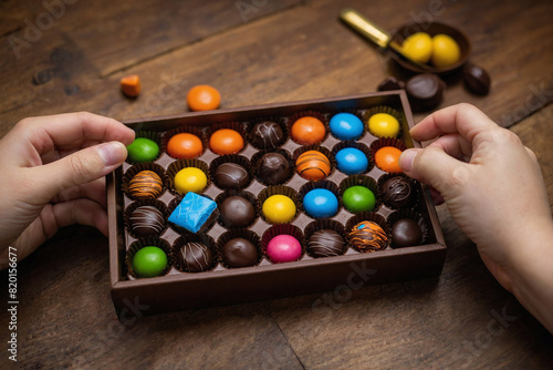 a small hands eagerly reaching into a colorful, open chocolate box on a wooden table. The variety of chocolates inside is visible