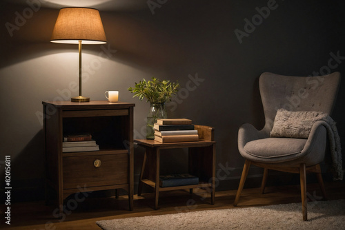 Nighttime reading table  with a modern bedside lamp illuminating book