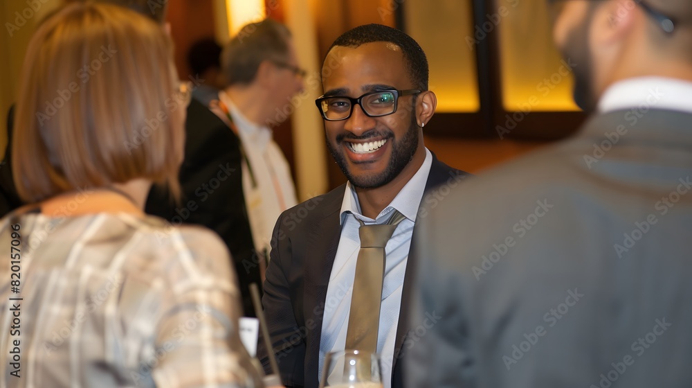 Cheerful African American businessman enjoying a conversation during a business networking event, surrounded by colleagues in a professional setting. Cheerful African American businessman enjoying a conversation during a business networking event, surrounded by colleagues in a professional setting.