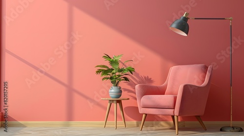 Cozy Minimalist Reading Nook with Pink Accent Wall, Mid-Century Armchair, Floor Lamp, Potted Plant in Bright Sunlight