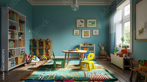 Charming Children's Room with Wooden Table, Colorful Chairs, Toy Storage Shelves, Playful Decor
