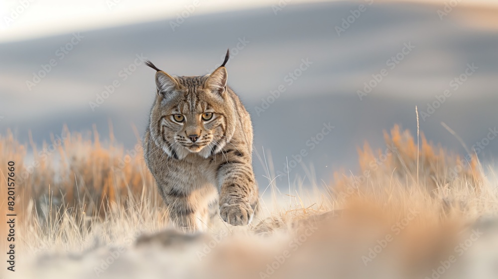 Obraz premium A large cat moves quickly across a field covered in dry grass