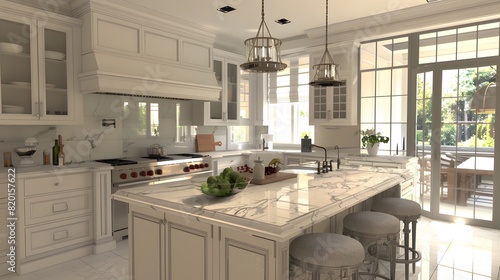 Sophisticated Kitchen Interior with High-End Appliances, Marble Surfaces, Elegant Design Details, Custom Cabinetry, Spacious Island