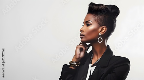Elegant African American woman in profile wearing chic jewelry and stylish black blazer against a minimalistic background.