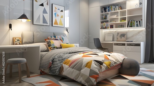 Stylish Child's Bedroom with Colorful Bedding, Modern Shelving, Playful Wall Decor, Built-in Desk, Ample Storage Space