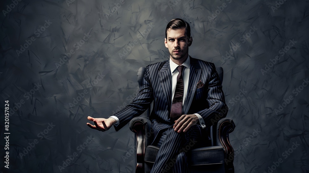 Confident businessman in a tailored suit sits on an elegant chair, with a stern expression against a textured gray background, exuding power and authority.