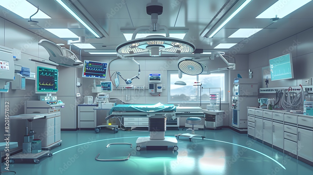 Advanced futuristic hospital operating room with high tech surgical equipment, modern lighting, state-of-the-art medical technology