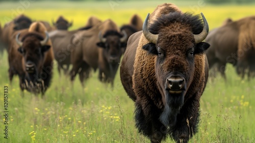 A herd of bison walking across a vibrant green field
