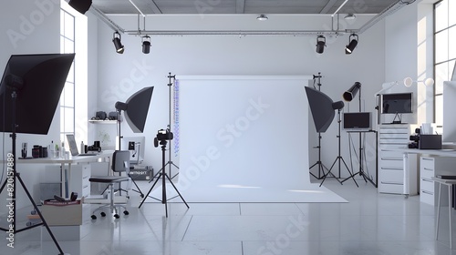 Professional photo studio interior with high ceilings  large windows  photography equipment on white backdrop