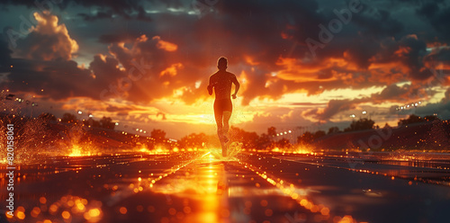 Highspeed Shot of Athlete Running on Track at Sunset